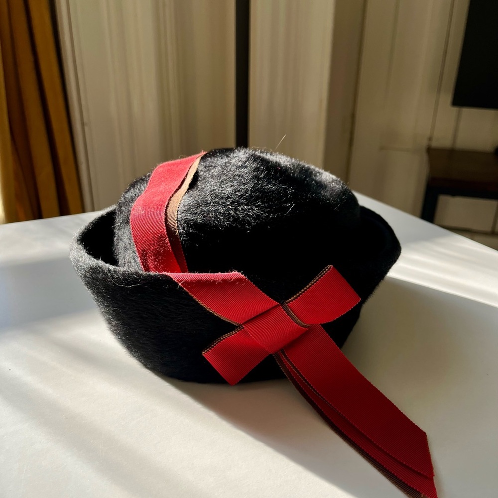 Vintage Black Hat with Red Ribbon Accents